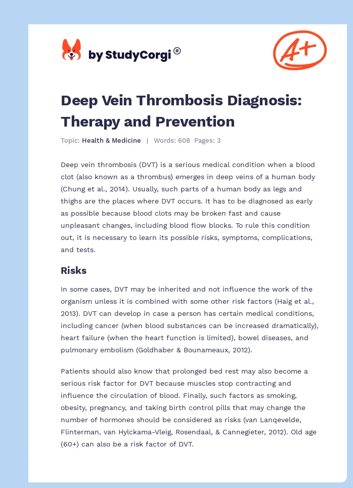Deep Vein Thrombosis Diagnosis: Therapy and Prevention. Page 1