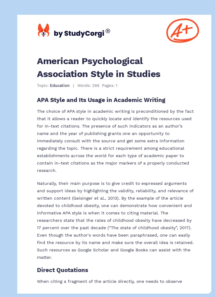 American Psychological Association Style in Studies. Page 1