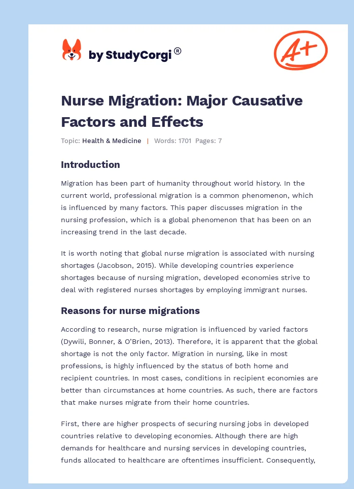 Nurse Migration: Major Causative Factors and Effects. Page 1