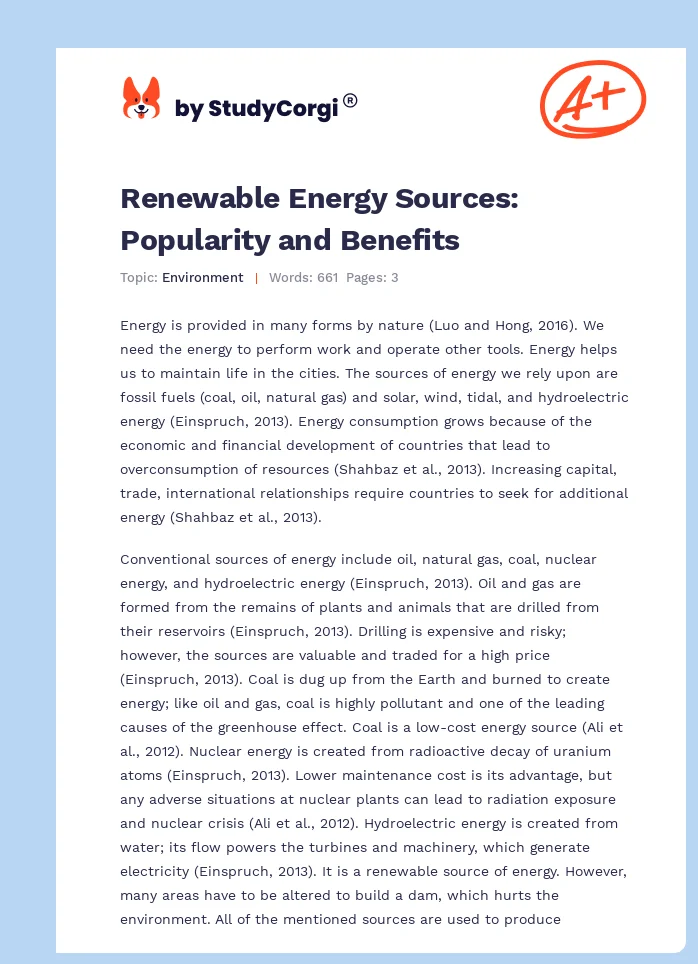 Renewable Energy Sources: Popularity and Benefits. Page 1