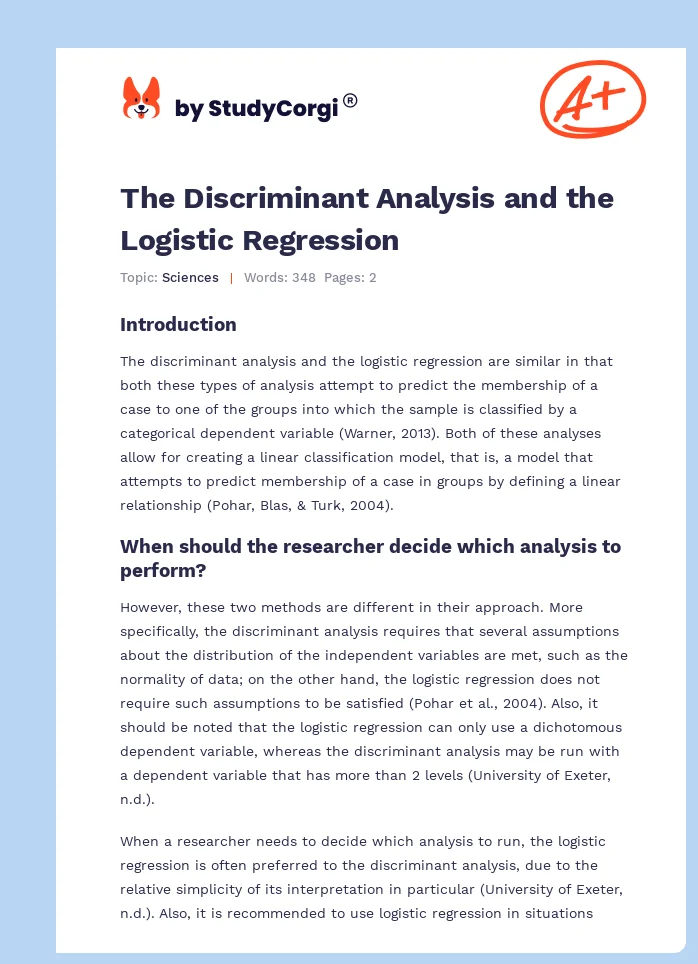The Discriminant Analysis and the Logistic Regression. Page 1