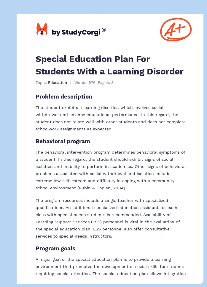 Special Education Plan For Students With a Learning Disorder. Page 1