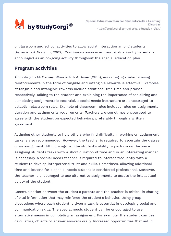 Special Education Plan For Students With a Learning Disorder. Page 2