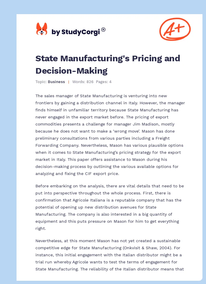 State Manufacturing's Pricing and Decision-Making. Page 1