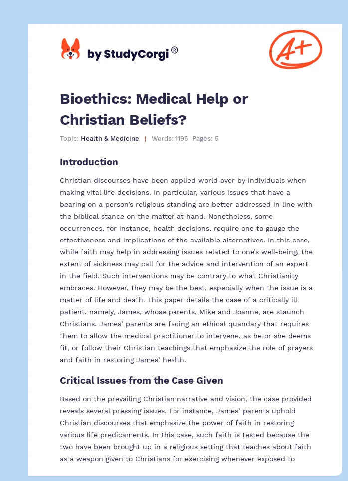 Bioethics: Medical Help or Christian Beliefs?. Page 1