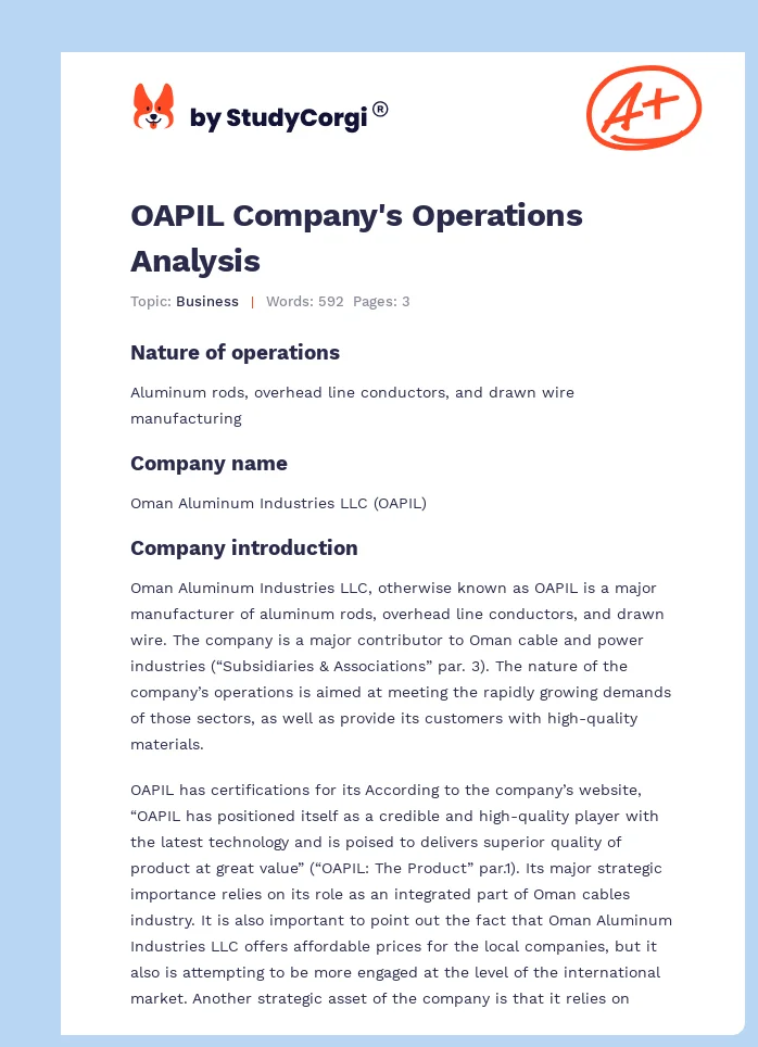 OAPIL Company's Operations Analysis. Page 1