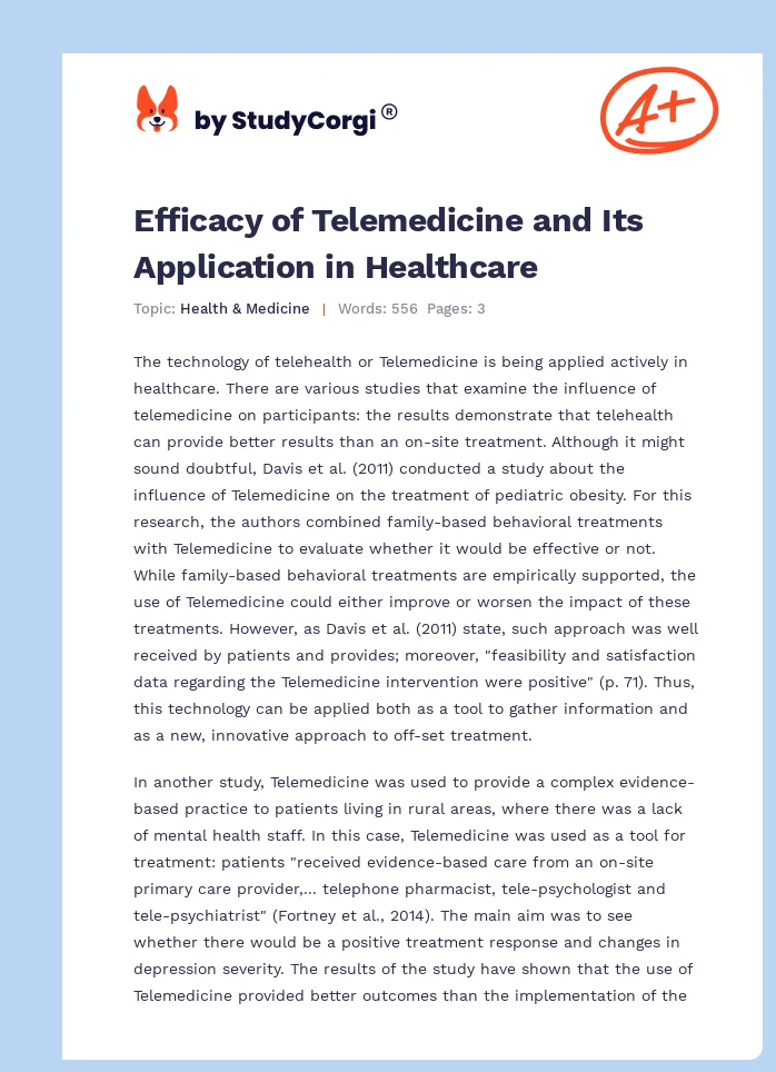Efficacy of Telemedicine and Its Application in Healthcare. Page 1