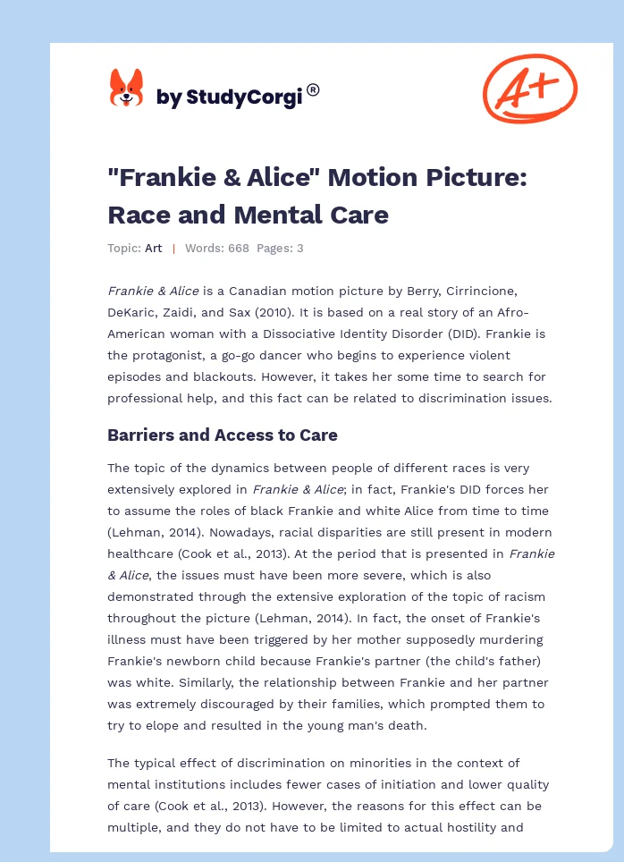 "Frankie & Alice" Motion Picture: Race and Mental Care. Page 1