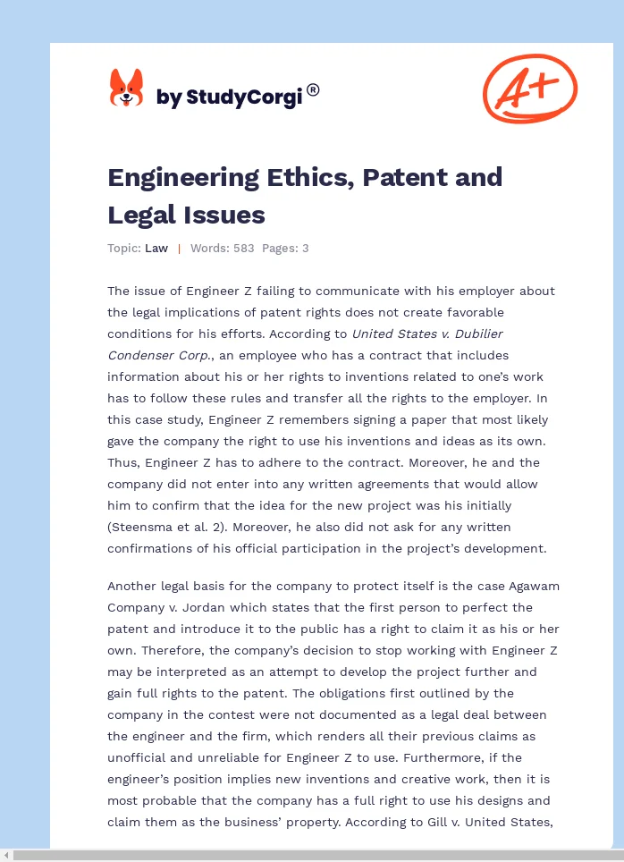 Engineering Ethics, Patent and Legal Issues. Page 1