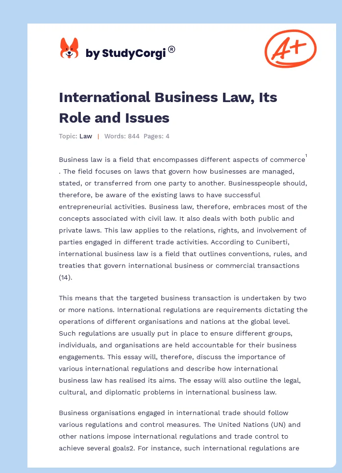 International Business Law, Its Role and Issues. Page 1