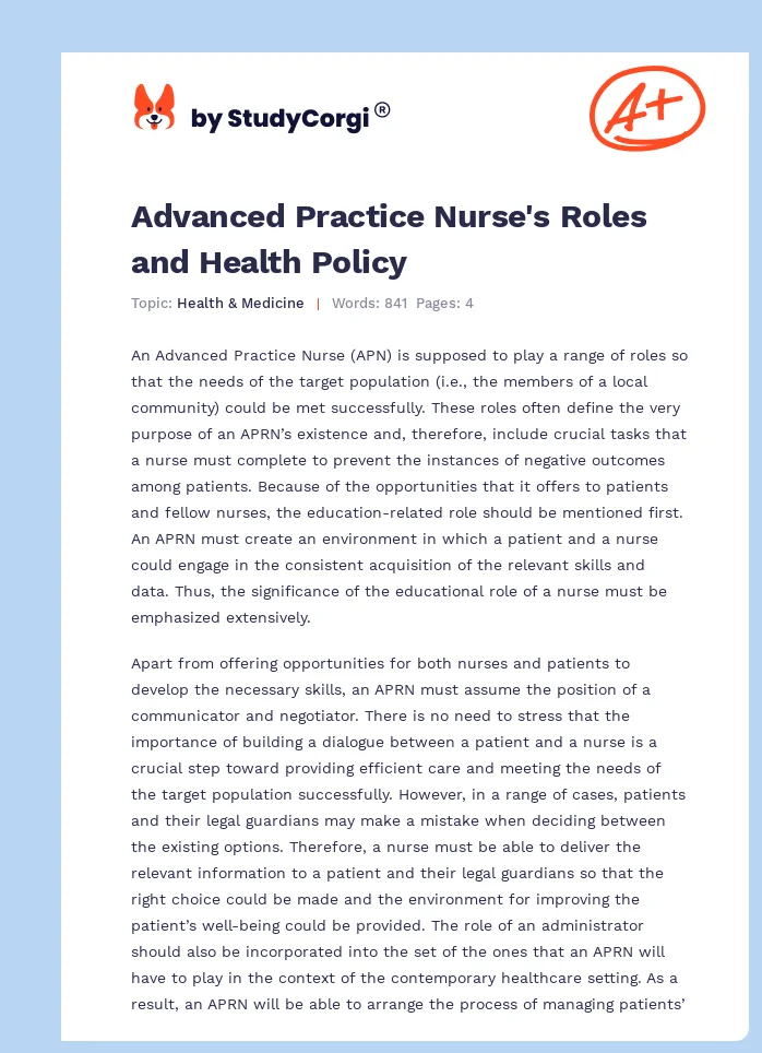 Advanced Practice Nurse's Roles and Health Policy. Page 1