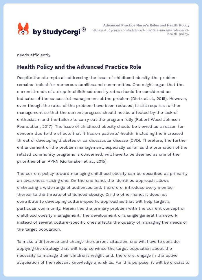 Advanced Practice Nurse's Roles and Health Policy. Page 2