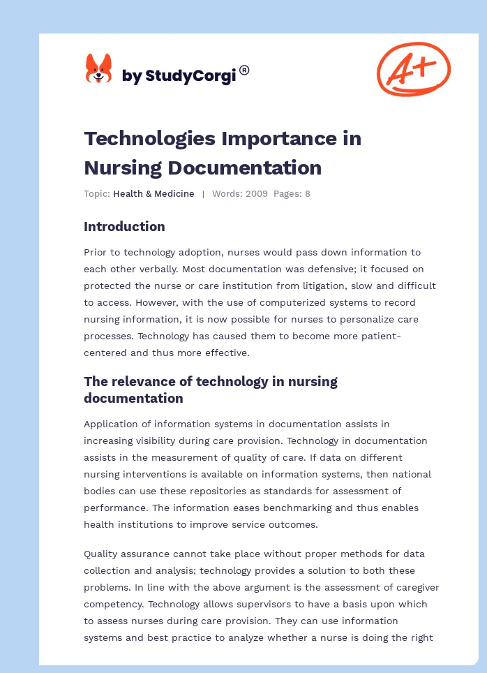Technologies Importance in Nursing Documentation. Page 1
