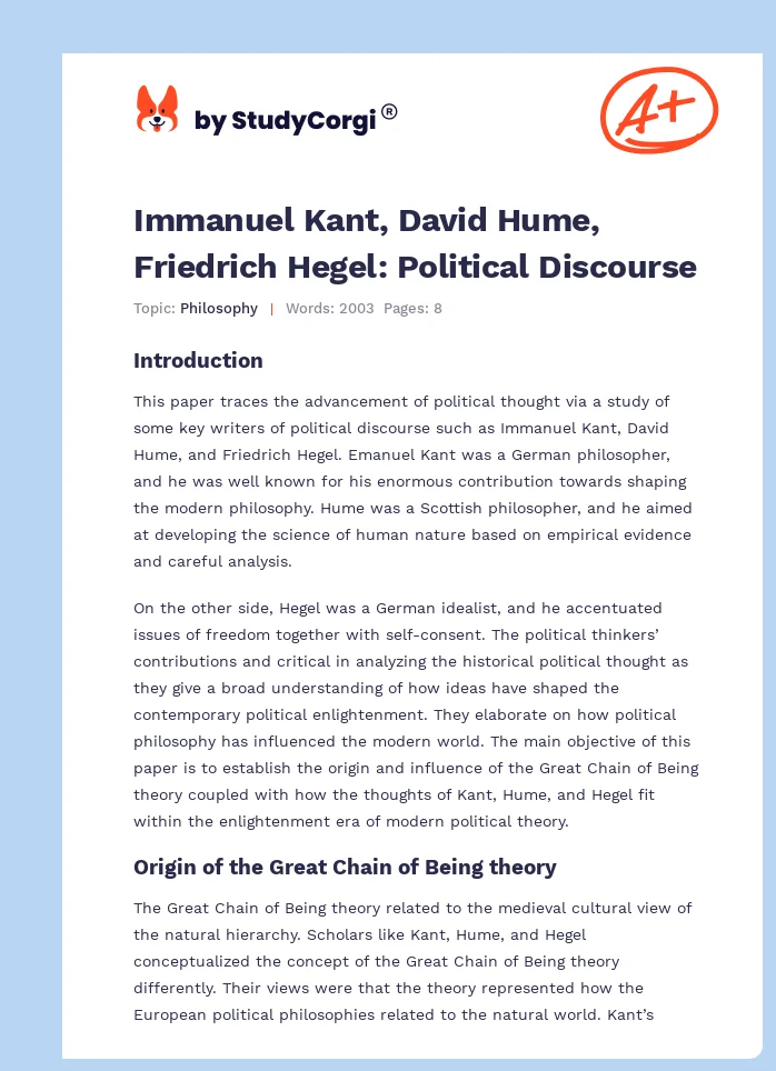 Immanuel Kant, David Hume, Friedrich Hegel: Political Discourse. Page 1