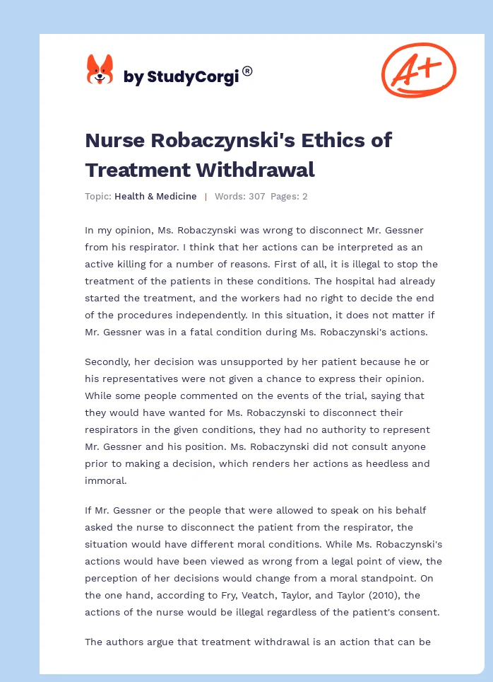Nurse Robaczynski's Ethics of Treatment Withdrawal. Page 1