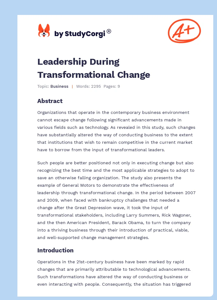Leadership During Transformational Change. Page 1