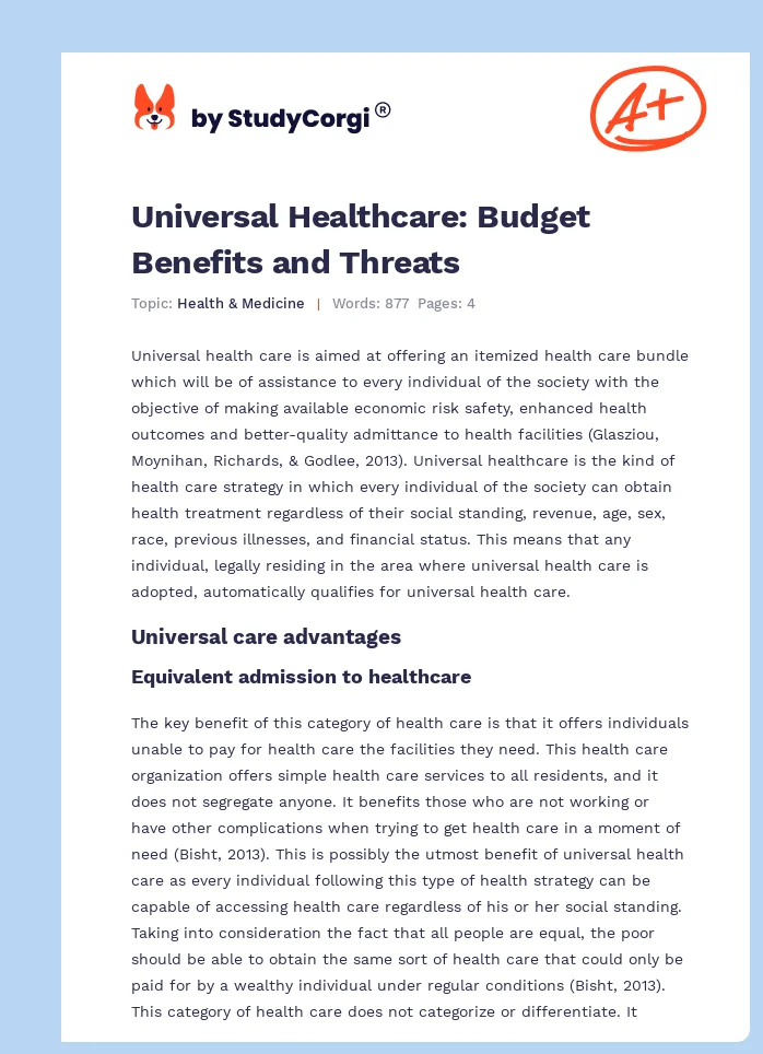 Universal Healthcare: Budget Benefits and Threats. Page 1