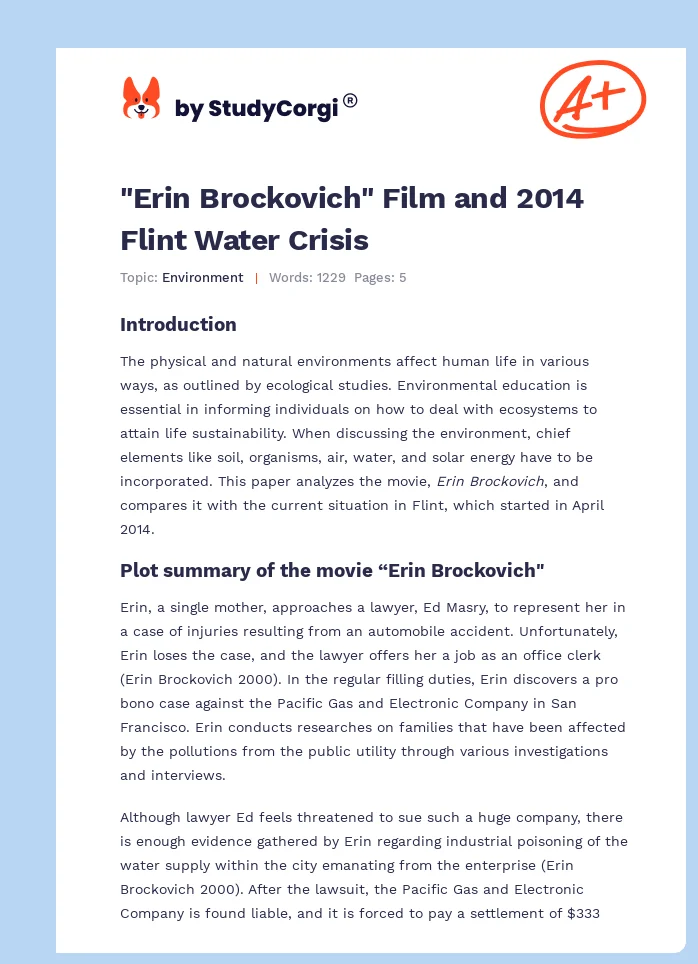 "Erin Brockovich" Film and 2014 Flint Water Crisis. Page 1
