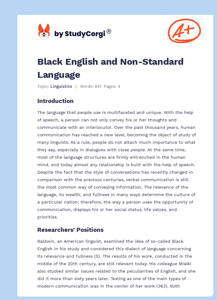 Black English and Non-Standard Language. Page 1
