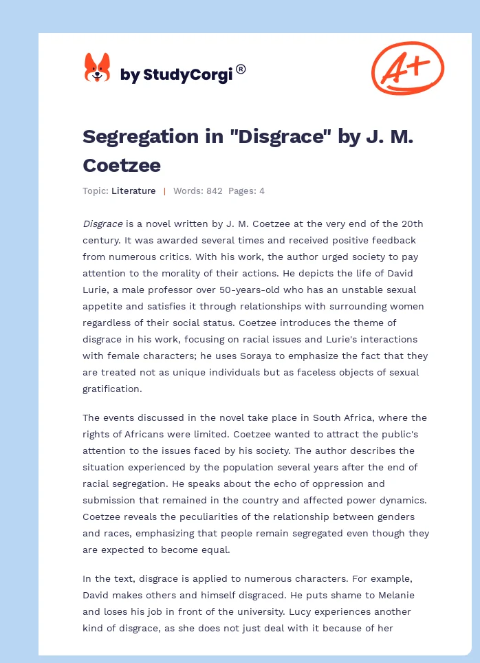 Segregation in "Disgrace" by J. M. Coetzee. Page 1
