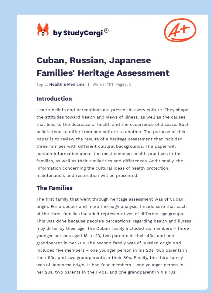 Cuban, Russian, Japanese Families' Heritage Assessment. Page 1