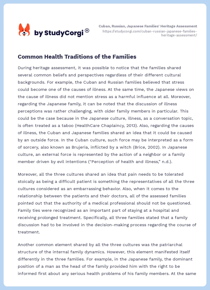 Cuban, Russian, Japanese Families' Heritage Assessment. Page 2