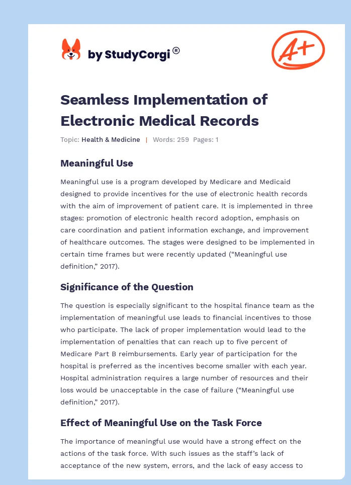 Seamless Implementation of Electronic Medical Records. Page 1