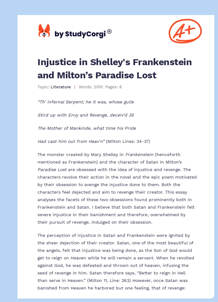 Injustice in Shelley's Frankenstein and Milton’s Paradise Lost. Page 1
