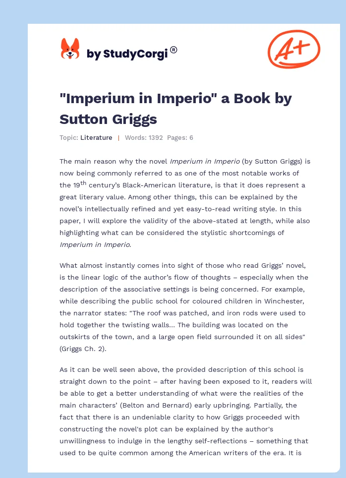 "Imperium in Imperio" a Book by Sutton Griggs. Page 1