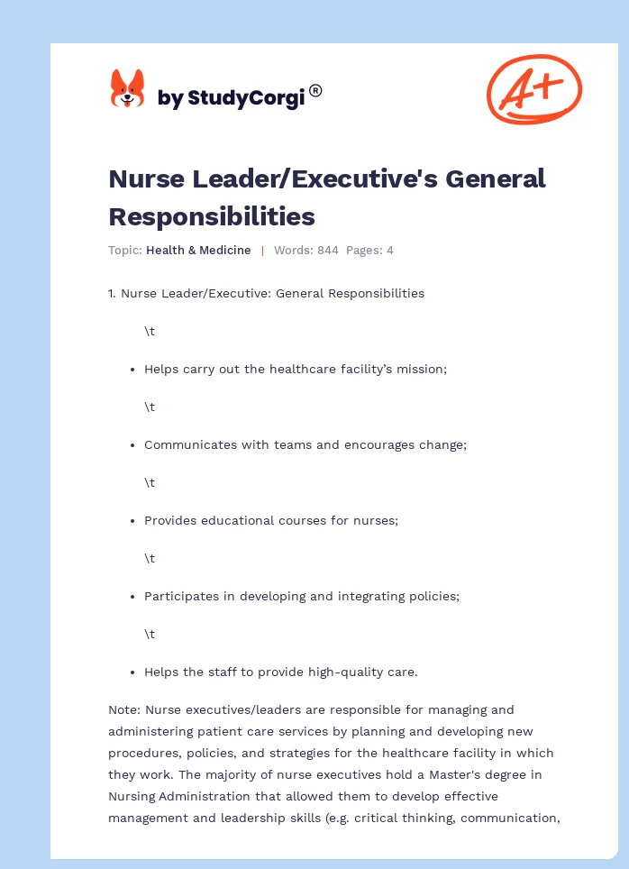 Nurse Leader/Executive's General Responsibilities. Page 1
