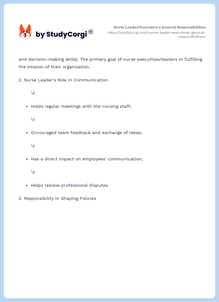 Nurse Leader/Executive's General Responsibilities. Page 2