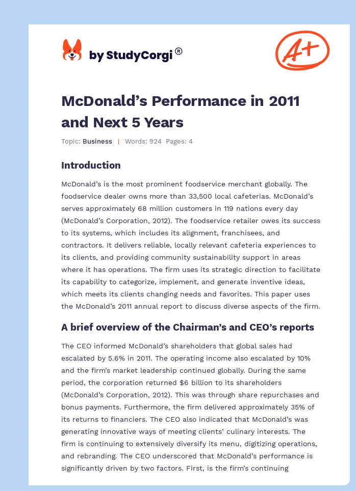 McDonald’s Performance in 2011 and Next 5 Years. Page 1