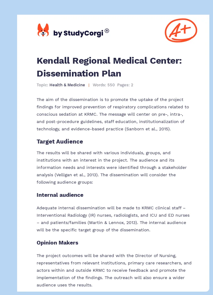 Kendall Regional Medical Center: Dissemination Plan. Page 1