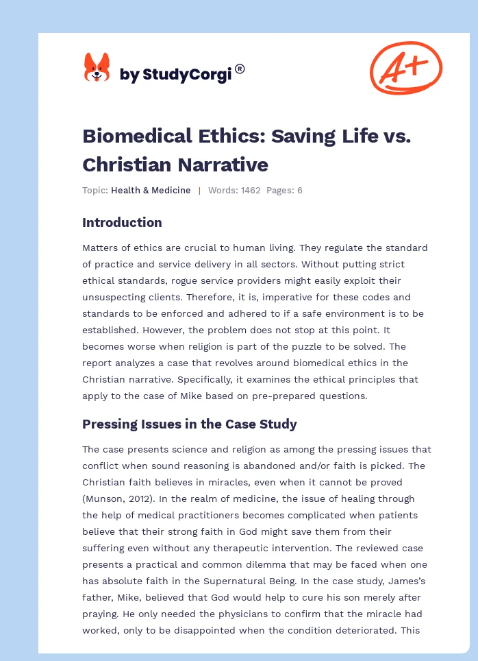 Biomedical Ethics: Saving Life vs. Christian Narrative. Page 1