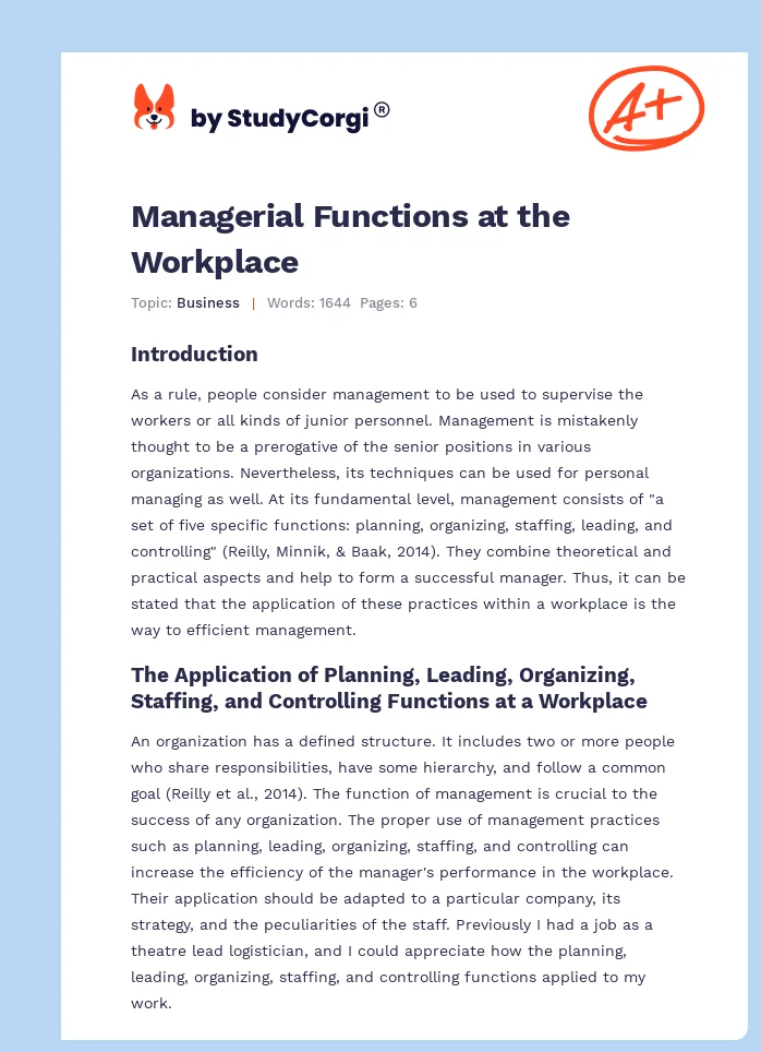 Managerial Functions at the Workplace. Page 1
