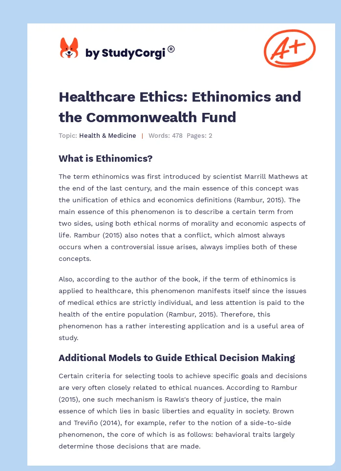 Healthcare Ethics: Ethinomics and the Commonwealth Fund. Page 1