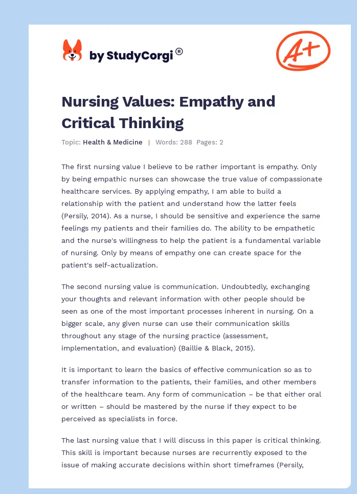 Nursing Values: Empathy and Critical Thinking. Page 1