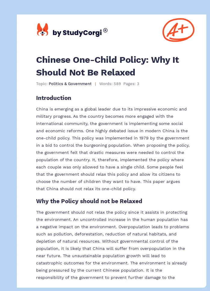 Chinese One-Child Policy: Why It Should Not Be Relaxed. Page 1