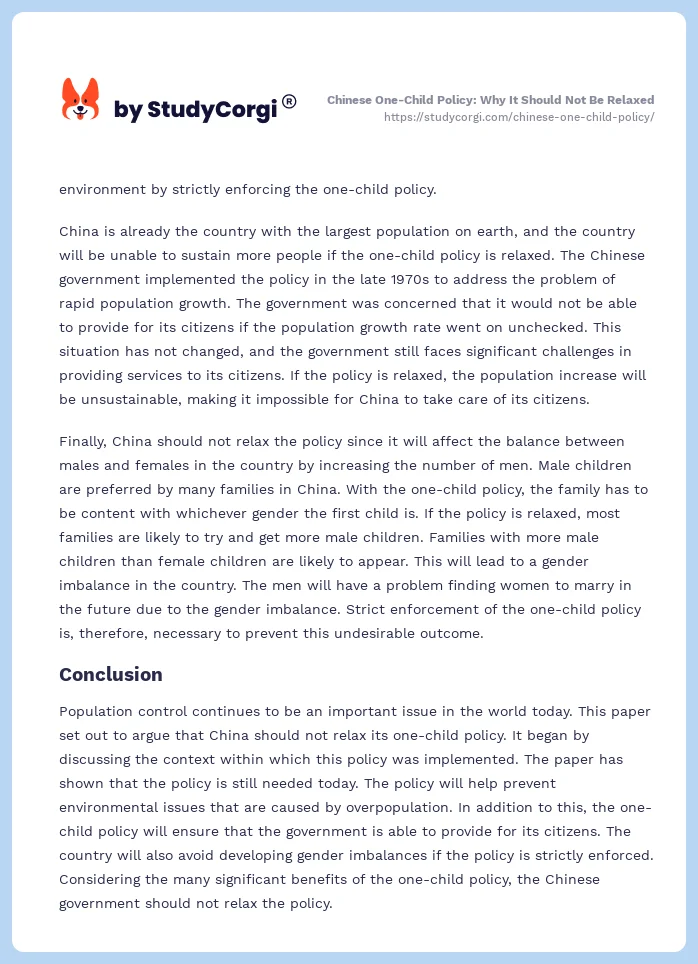 Chinese One-Child Policy: Why It Should Not Be Relaxed. Page 2