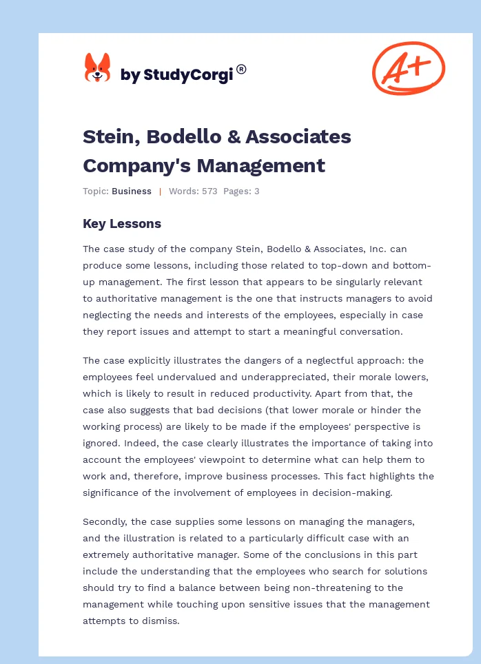 Stein, Bodello & Associates Company's Management. Page 1