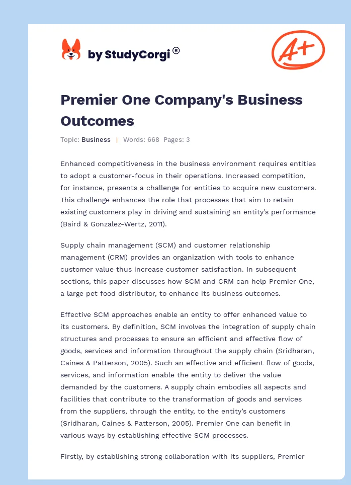 Premier One Company's Business Outcomes. Page 1