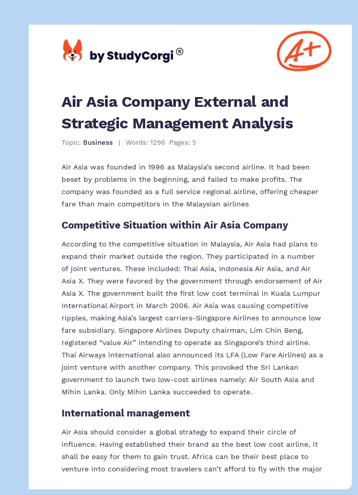 Air Asia Company External and Strategic Management Analysis. Page 1