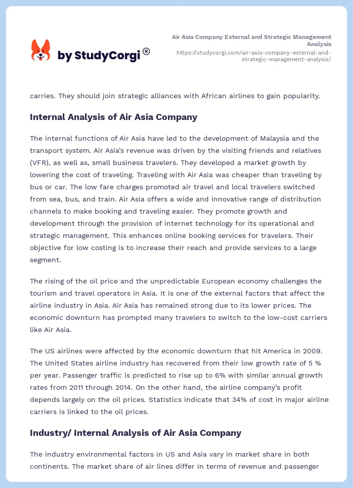Air Asia Company External and Strategic Management Analysis. Page 2