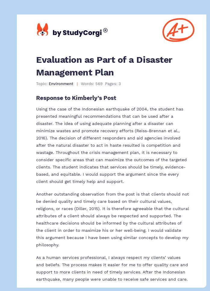 Evaluation as Part of a Disaster Management Plan. Page 1