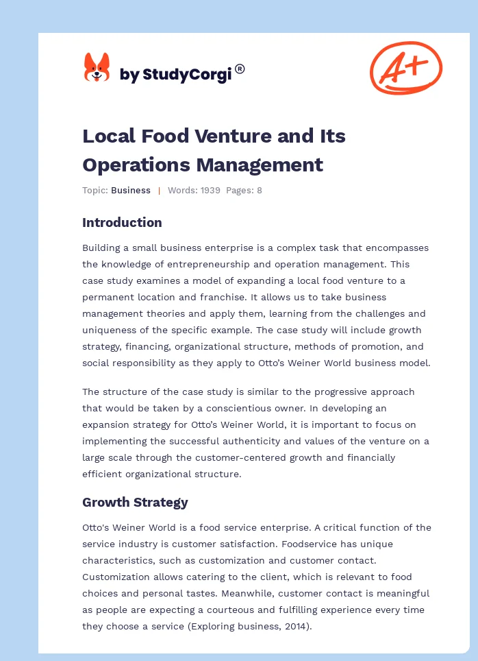 Local Food Venture and Its Operations Management. Page 1