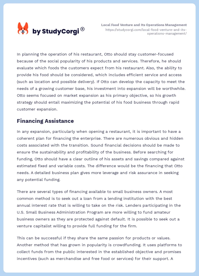 Local Food Venture and Its Operations Management. Page 2