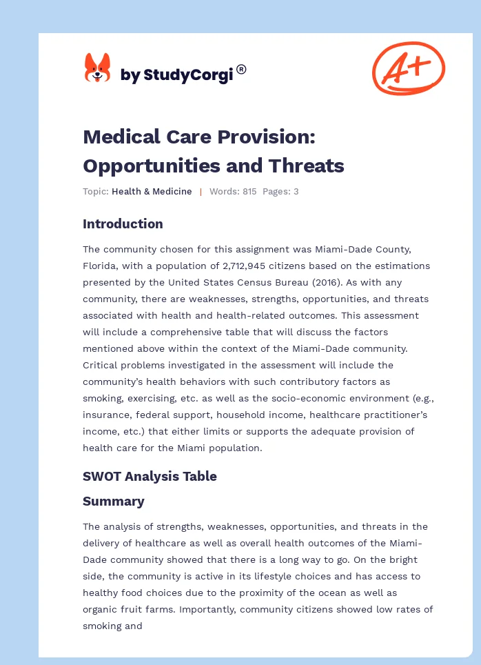 Medical Care Provision: Opportunities and Threats. Page 1