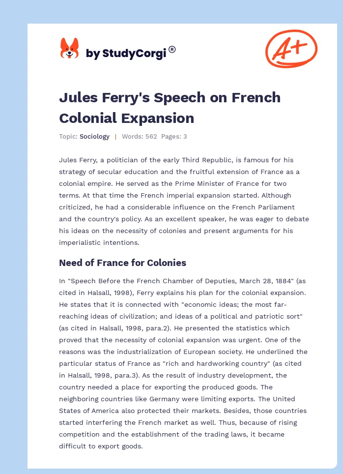 Jules Ferry's Speech on French Colonial Expansion. Page 1