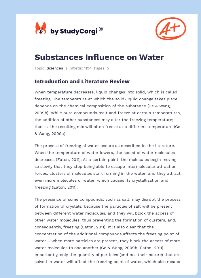 Substances Influence on Water. Page 1