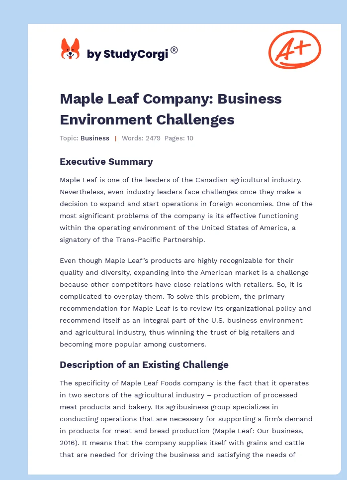 Maple Leaf Company: Business Environment Challenges. Page 1